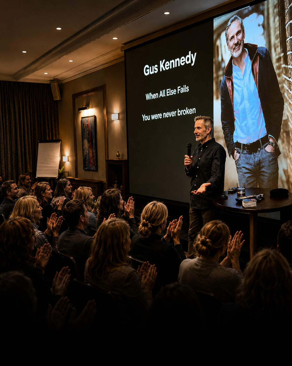 Audience applauding Gus Kennedy on stage
